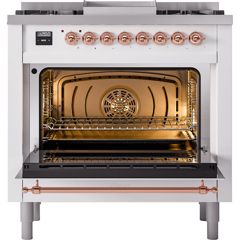 ILVE Nostalgie II Series 36 inch Dual Fuel Range with 6 Burners, Griddle (Glass Door), White/Copper, Natural Gas