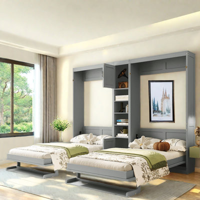 Murphy Bed With 2 Tall Cabinets, 4 Open Shelves And Convertible Shelf-legs