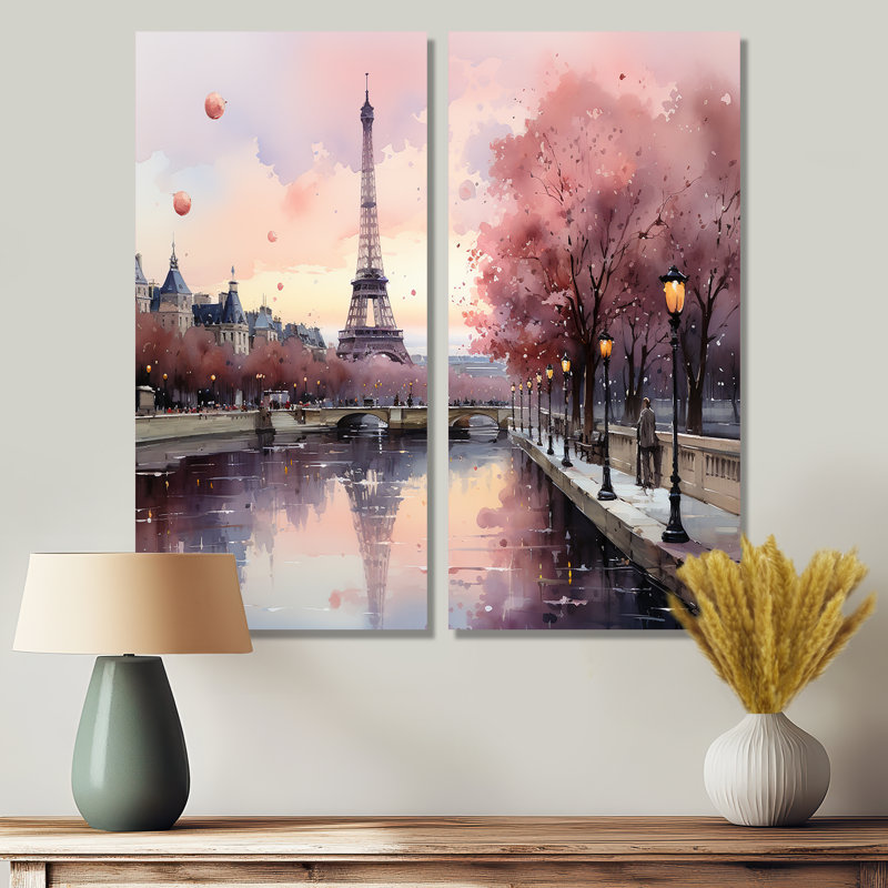 «Pink Twilight Rendezvous In Paris II», ensemble de 2 impressions sur toile traditionnelles, H 40 po x l 40 po, Toile tendue