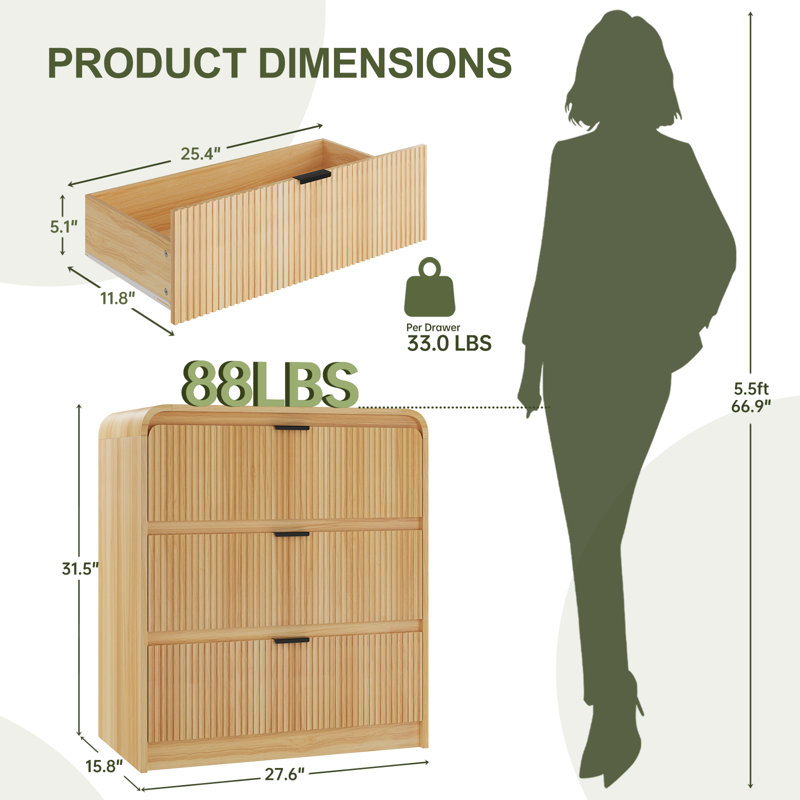 Table de chevet cannelée Aguilera à 3 tiroirs pour chambre à coucher, 70 cm (l) x 40 cm (p) x 80 cm (h), Bois naturel