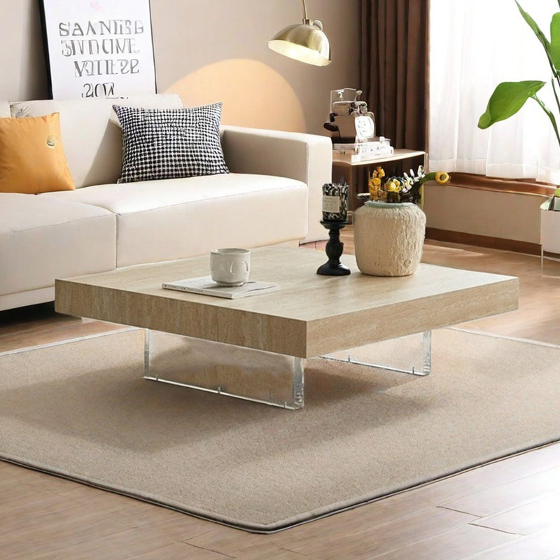 Floating Square Coffee Table Imitation Travertine, 11.81" H x 31.49" W x 31.49" D