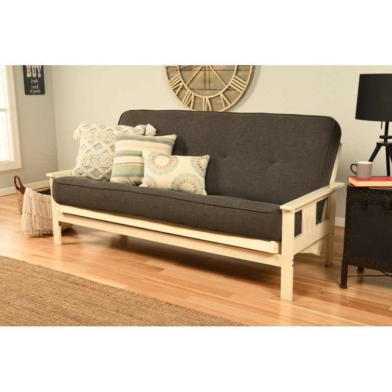 Johnte Full-Size Futon Frame and Full-Size Innerspring Mattress, Antique White, Linen Charcoal, Premium Pocket Coil