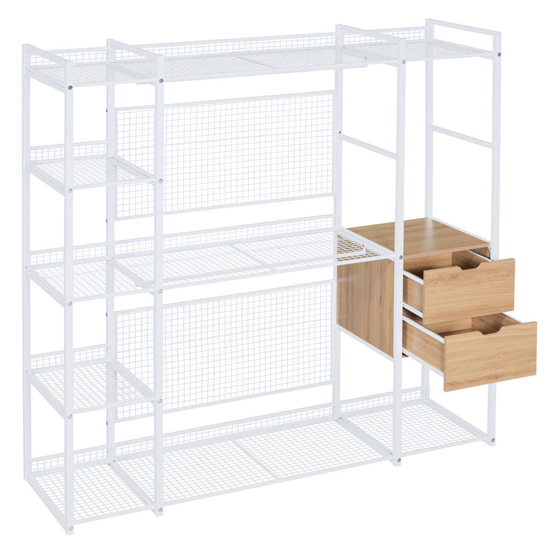 Garde-robe de style ouvert avec rails suspendus, tablettes et tiroirs, Blanc
