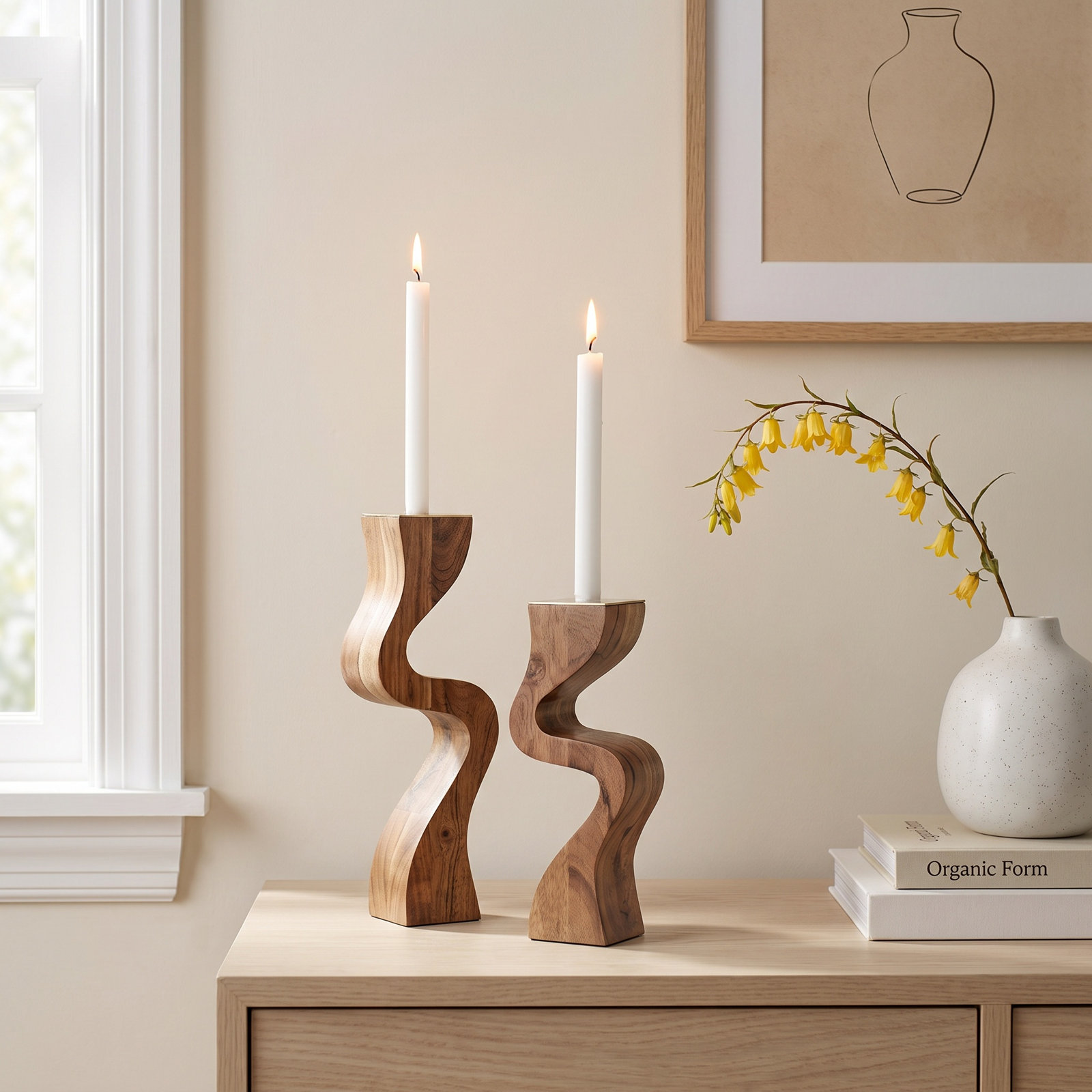 Acacia Wood Candlestick Holder, 15" H x 3.25" W x 3.25" D