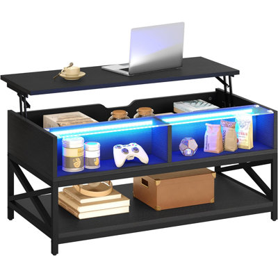Lift Top Coffee Table, LED Coffee Table With Hidden Compartment And Storage Shelf, Wood Coffee Tables For Living Room, Rectangle Center Table For Livi -  Latitude Run®, B303B832C7744C0B8BE0EEFD9DA53546