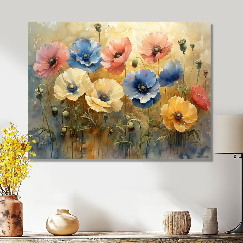 Jaune coquelicots jardin de la vie - coquelicots, art mural salon, Métal métal, H 12 po x l 20 po