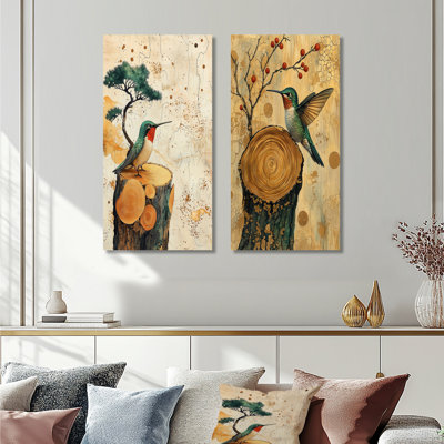 Abstrait colibri en bois Grace I - animaux, impressions sur toile 2 pièces