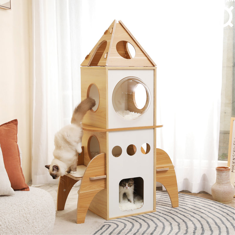 Tour pour chat en bois en forme de fusée, 54" H x  32.7" W x  15.7" D