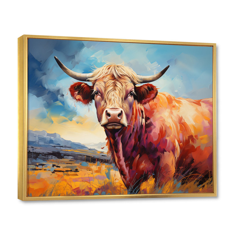 Vache, campagne, palette IV - impression, H 16 po x l 32 po x P 1 po, Cadre flottant doré