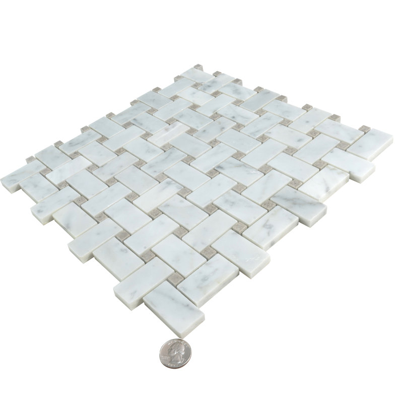 12" x 12" Natural Stone Basketweave Mosaic Wall & Floor Tile, White Beige