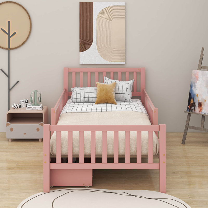 Lit plateforme en bois avec garde-corps et tiroirs, Lit simple, Rose