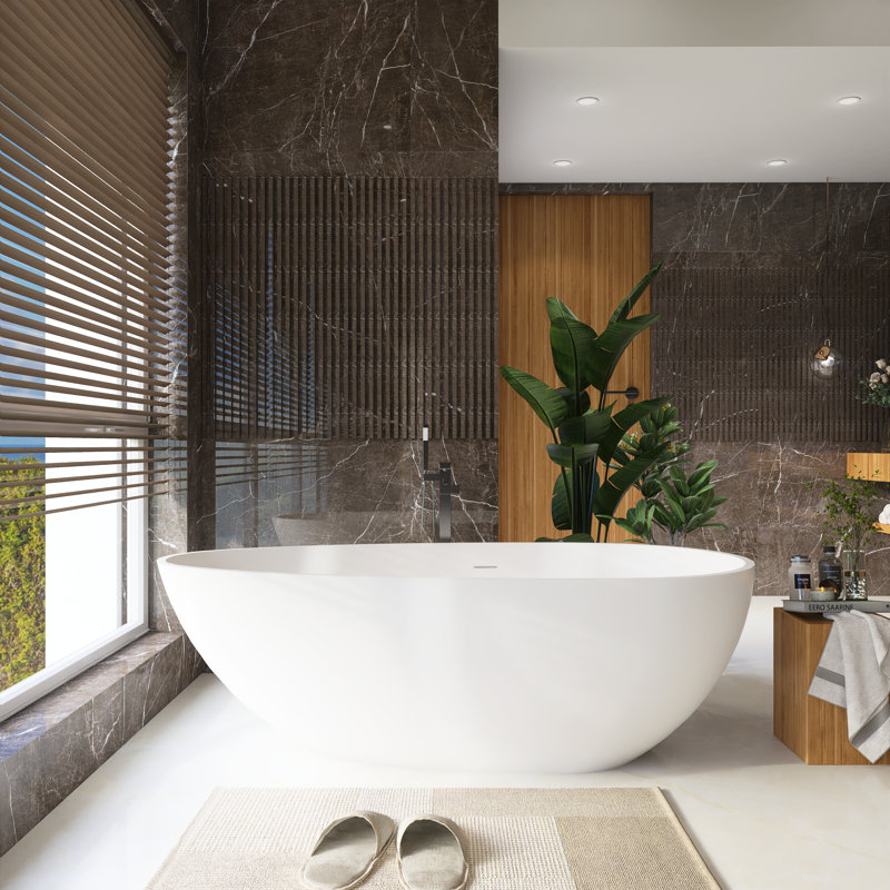 Spa-Like Freestanding Solid Surface Bathtub - 66.9" Deep Soaking Tub with Overflow