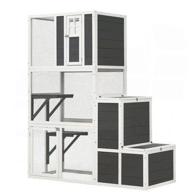 Maison de chat en bois à 3 niveaux pour l'extérieur et l'intérieur convenant à 1 ou 3 chats avec une cage de repos pour chat, 4 plateformes et 2 portes