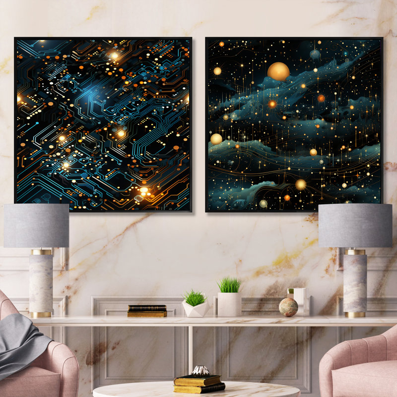 Futuriste ordinateur - ensemble de 2 collages carrés abstraits, Cadre flottant noir, H 16 po x l 33 po
