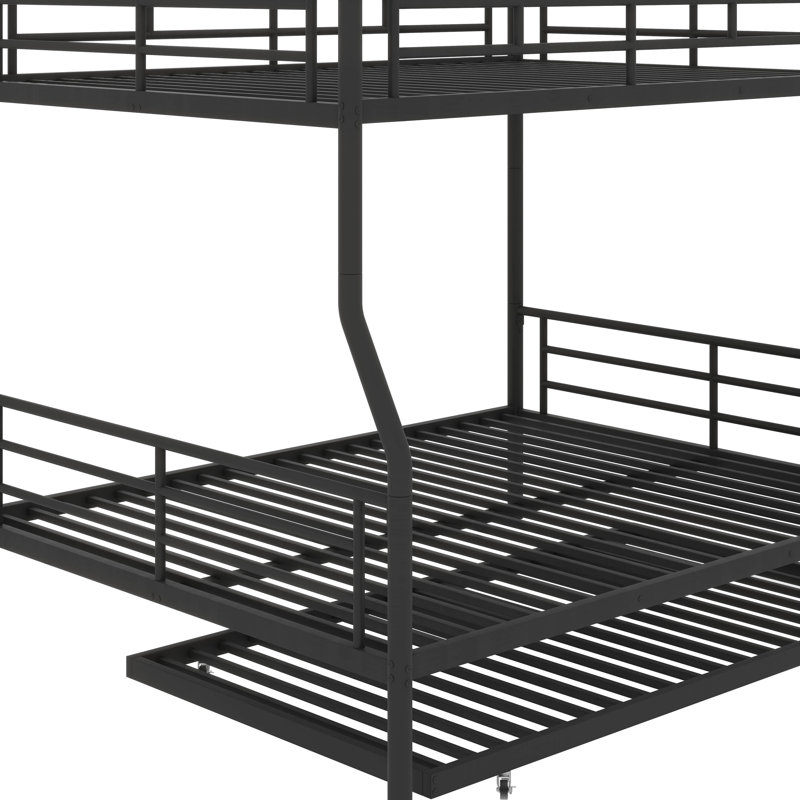 Metal Bunk Bed with Trundle, Black, Full XL Over Queen