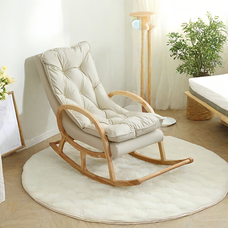 Chaise berçante moderne en bois massif rembourré, Blanc cassé / blanc