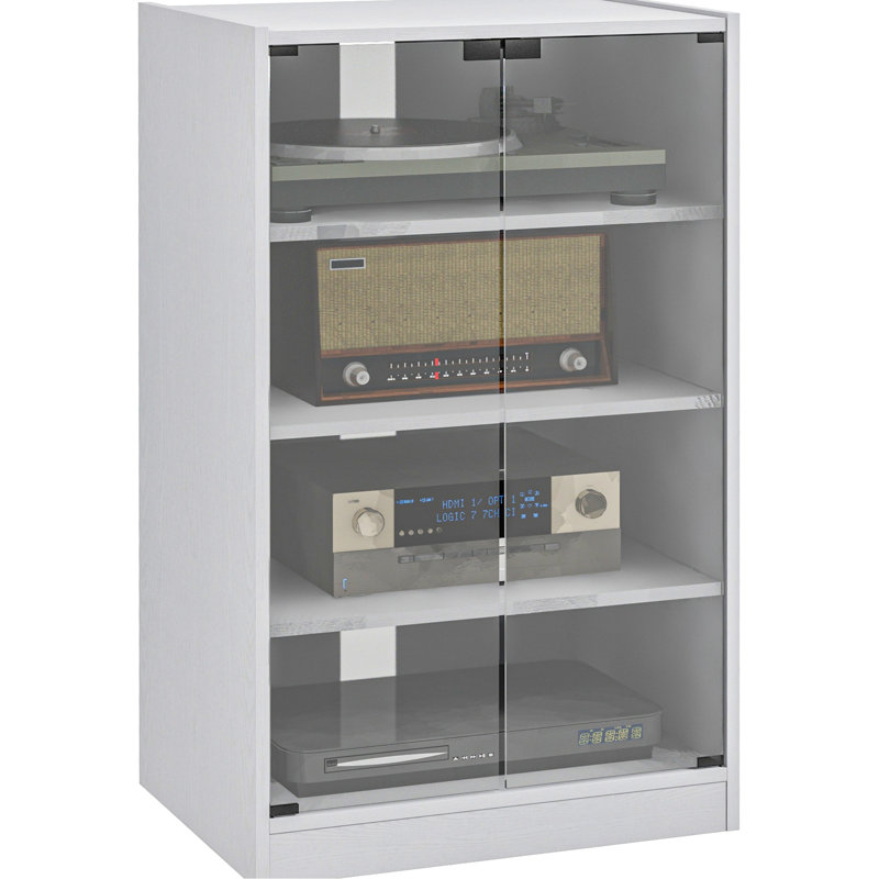 4 supports multimédia, armoire vidéo moderne avec tablettes réglables, portes en verre trempé, gestion des câbles, armoire tendance, gestion, blanc vieilli pour décodeurs