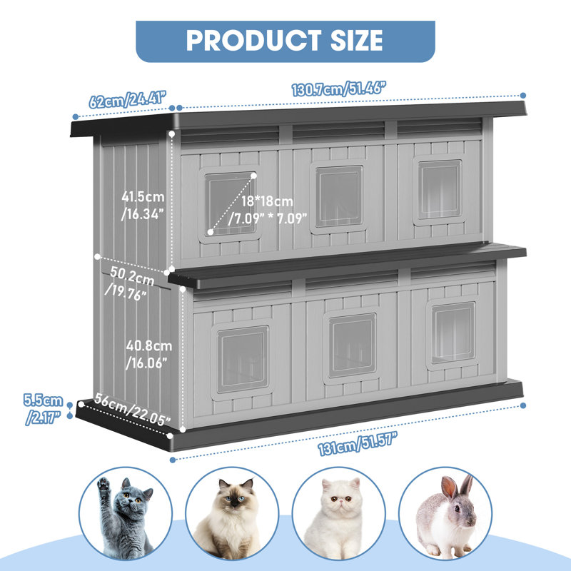 Maison pour chat d'extérieur, abri pour chat imperméable de 2 étages, Noir/gris