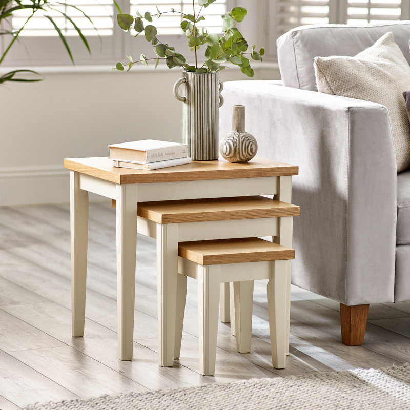 Abundance Solid Wood 3 Piece Living Room Table Set - Traditional Farmhouse Cottage Nesting Tables, Oak Cream