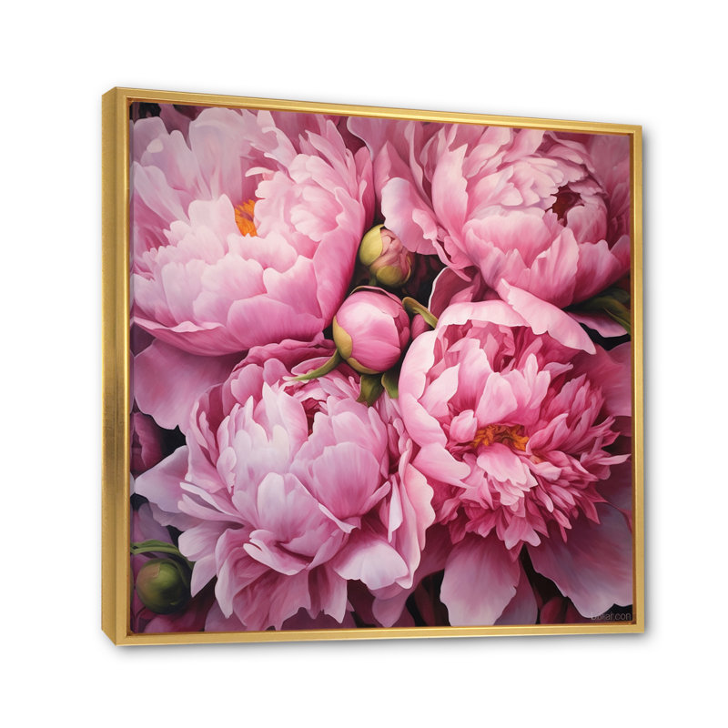 Pivoine rose verte captivante II - art floral sur toile, Cadre flottant doré, H 16 po x l 16 po x P 1 po