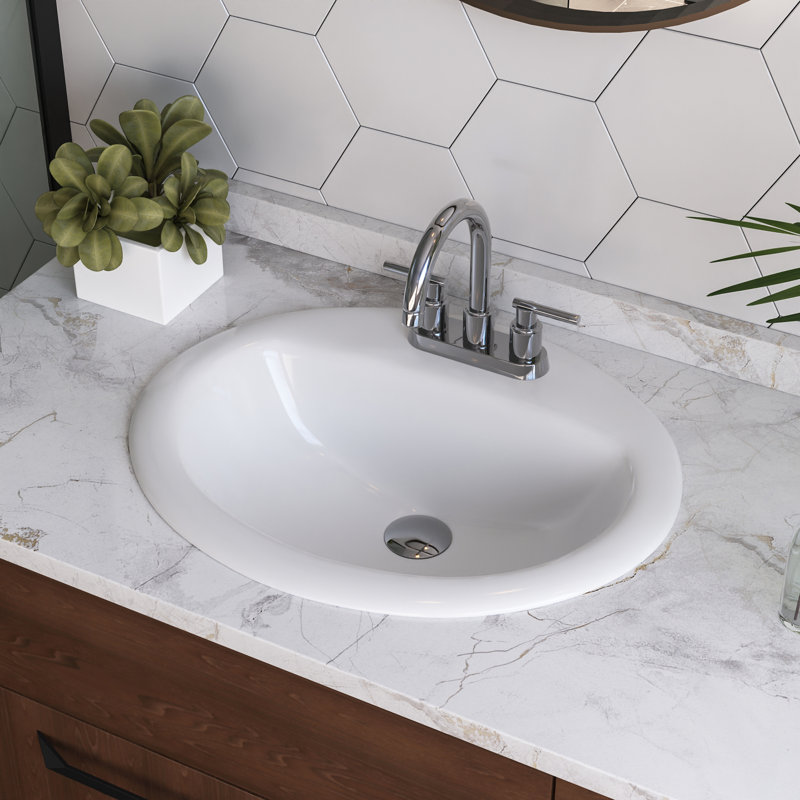 20'' x 17'' White Oval Vitreous China Drop-in Bathroom Sink with Overflow, Centerset Faucet