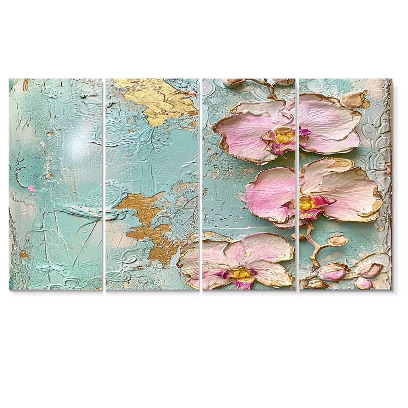 Orchidée rose sur fond bleu rétro - art mural 4 pièces, H 28 po x l 48 po