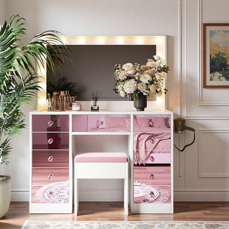 Makeup Vanity With Glass Top, 15 Hollywood Bulbs, 11 Drawers And Stool