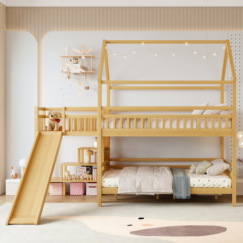 DiMaggio House-Shaped Bunk Bed With Slide, Playhouse Design, Solid Wood Frame, Customizable Layout, Full over Full, Natural
