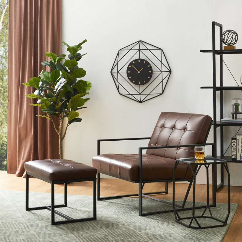 Fauteuil et repose-pieds en cuir Buren, Simili cuir brun foncé