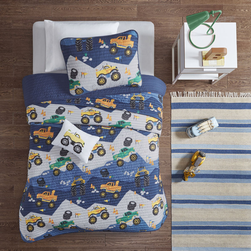 Blue Monster Truck Microfiber Reversible Twin Quilt Set