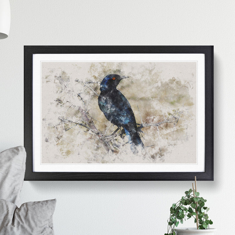 Starling Bird Watercolour - Picture Frame Graphic Art, 48cm H x 65cm W x 2cm D, Black