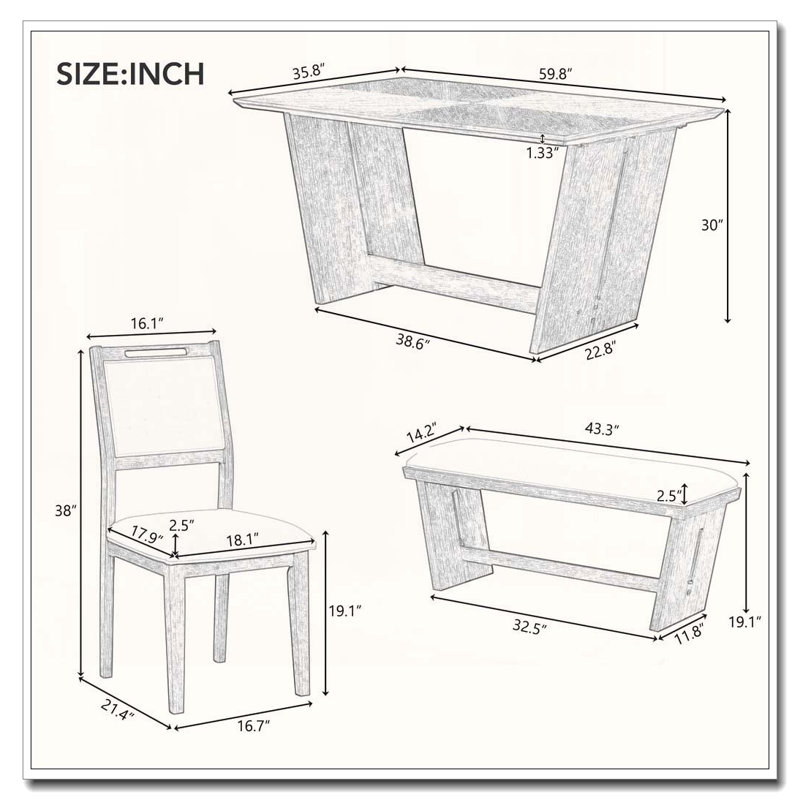 Ensemble repas 6 pièces avec base trapézoïdale et chaises sculptées, Bois naturel délavé