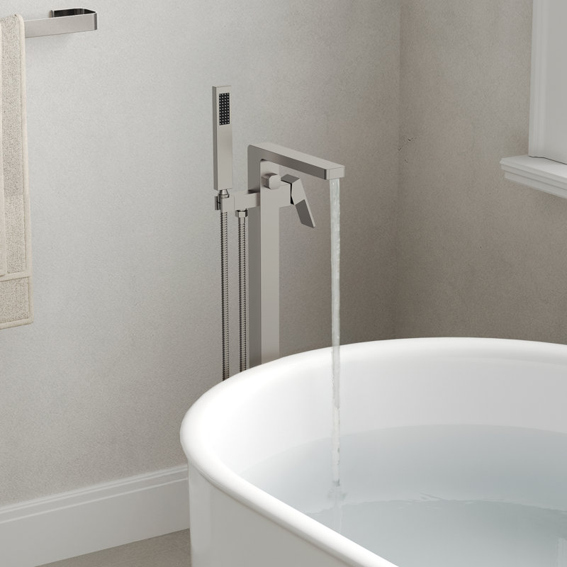Single Handle Floor Mount Freestanding Tub Filler with Handheld Shower, Brushed Nickel
