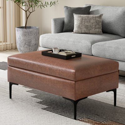 Rebecca 36"W Upholstered Vegan Leather Mid-Century Modern Rectangular Lift-Up Coffee Table Storage Ottoman with Storage