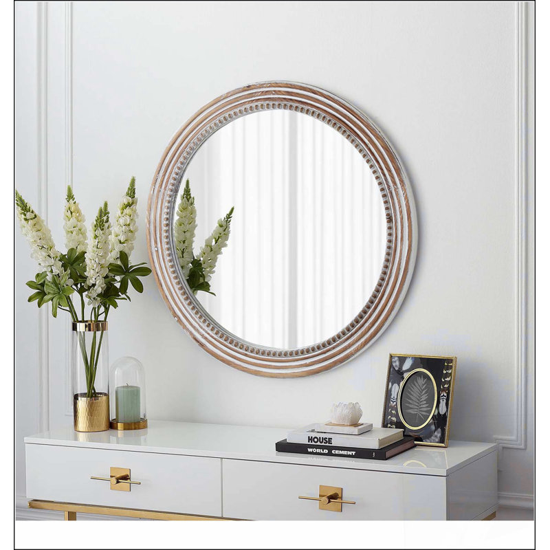 Miroir mural rustique rond, cercle en bois de 23,62 pouces avec perles, parfait pour un décor de maison de campagne et ajoutant une touche d'élégance à n'importe quelle pièce