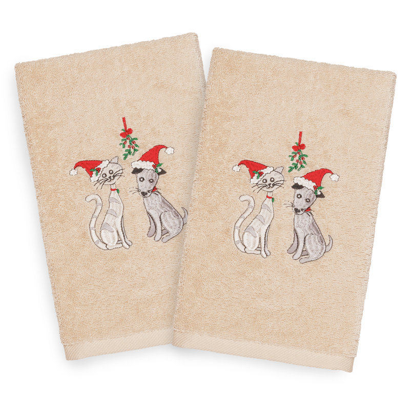 Christmas Cute Couple Embroidered Luxury Turkish Cotton Hand Towel, Sand