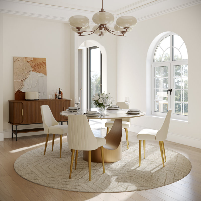 Modern Dining Room Sets, Pre-Assembly Round Dining Table Sets, Sintered Stone Tabletop Kitchen Dining Table Set With Upholstered PU Leather Chairs