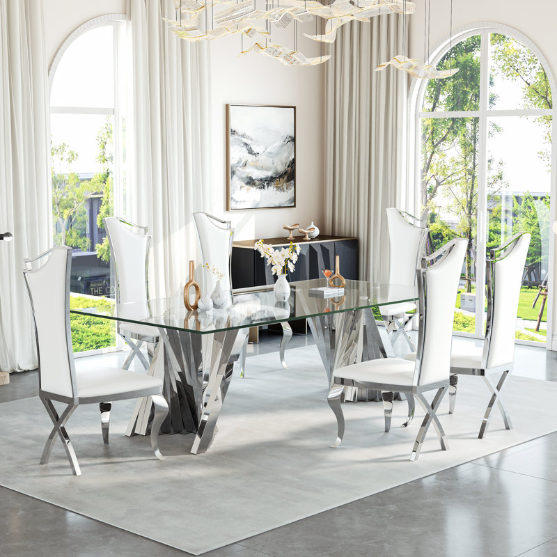 6 - Person Glass Top Double Pedestal Dining Set, Silver/White, Silver 