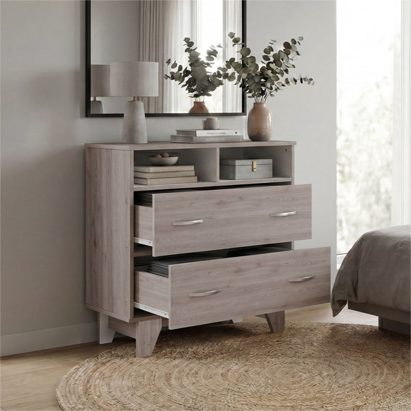 Portonova 31.5" W, 2-Drawer Dresser with Dual Open Storage Shelves, Spacious Superior Top Surface and Four-Legs, Light Gray