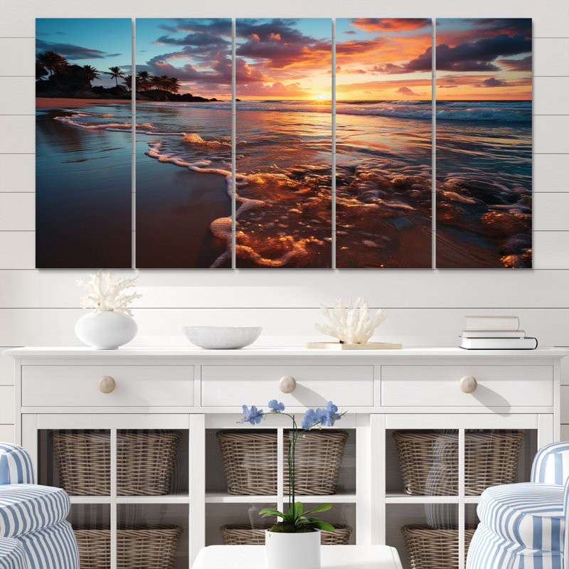 «Sunset Beachside Horizon III», reproduction sur toile côtière - 5 panneaux égaux