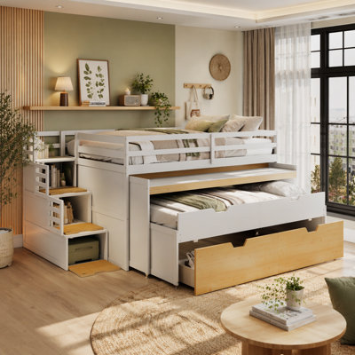 Lit double mezzanine double avec bureau coulissant et lit gigogne simple, lit superposé multifonctionnel avec 2 tiroirs de rangement et marches de rangement, cadre de lit pour poste de travail et de jeu peu encombrant, couleur blanc et bois