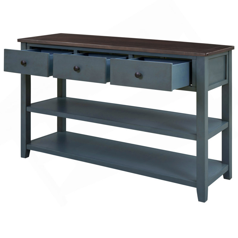 Console rétro avec deux tablettes ouvertes, structure en bois de pin massif et pieds pour le salon (bleu marine), Marine