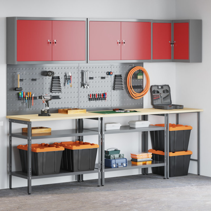 Work Cabinet Set with Shelf with Storage, Red