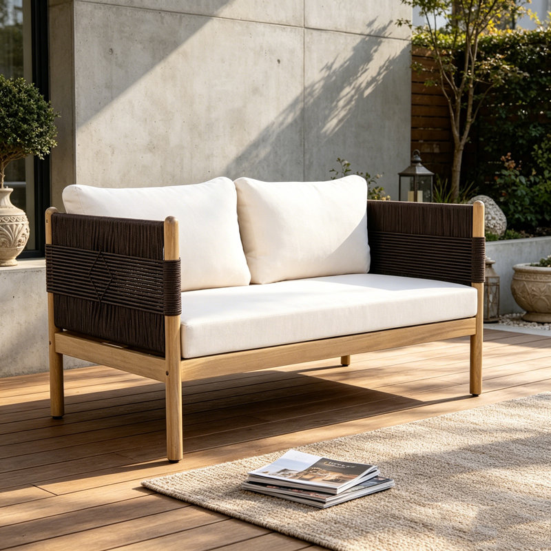Outdoor Acacia Wood Loveseat Sofa, Black,Cream,Light Teak