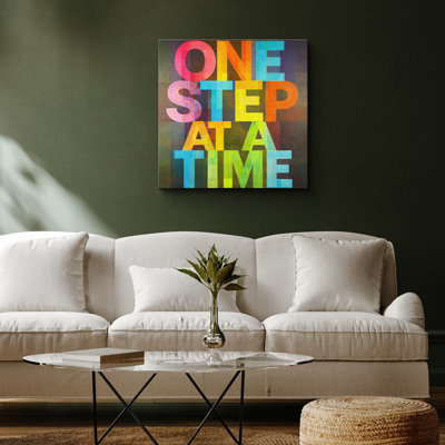 Colorful Typography Motivation “One Step At A Time” Artwork, Modern Positive Quote Wall Decor, Framed Canvas Giclee Print Wall Art