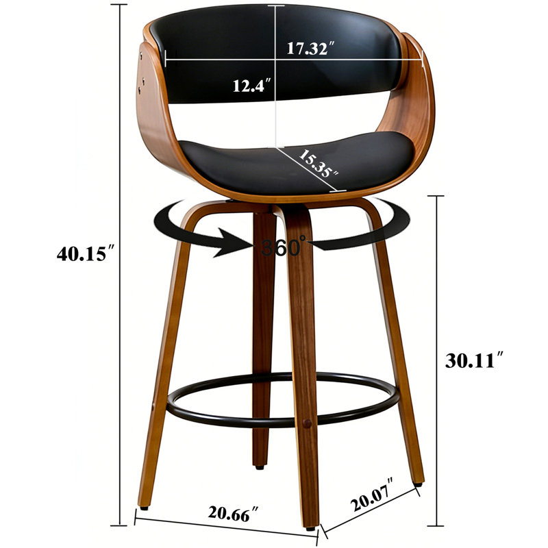 Modern Faux Leather Swivel 30'' Bar Stools, Wood Stools with Arms and Footrest, Black, Bar Stool (30" Seat Height)
