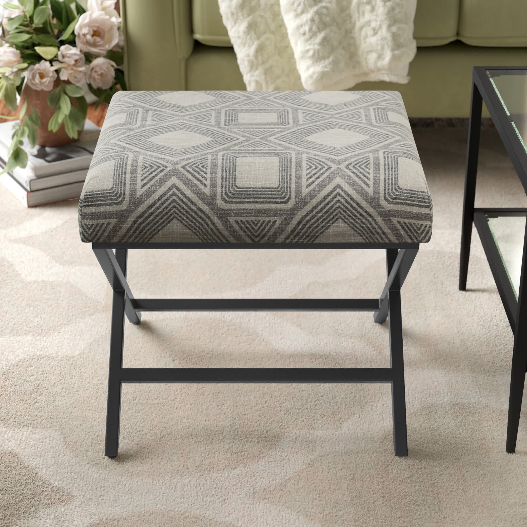 Priscilla Upholstered Ottoman, Charcoal Geometric