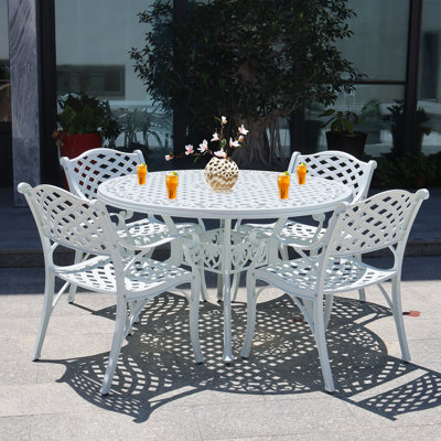5 Piece Modern Outdoor Dining Set, Cast  Aluminum Patio Table and Chairs, 48" Round Table with Umbrella Hole