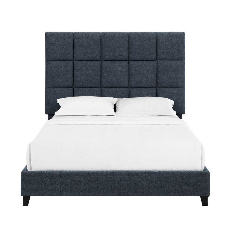 Lit de chambre à coucher moderne en denim bleu avec lattes de soutien et tête de lit rembourrée en mousse rembourrée bleu marine