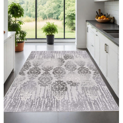 Tapis gris tissé à la machine 8 pi x 10 pi damassé